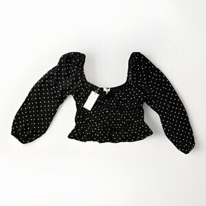 Waye Women’s Black White Polka Dot Smocked Top Long Sleeve NWT Size Medium